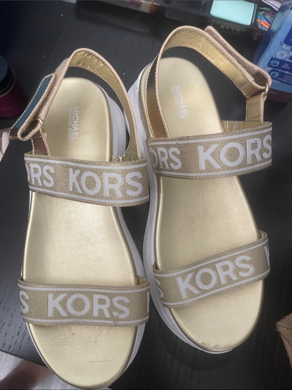 Michael Kors Gold Metallic Logo Strap Platform Sandals